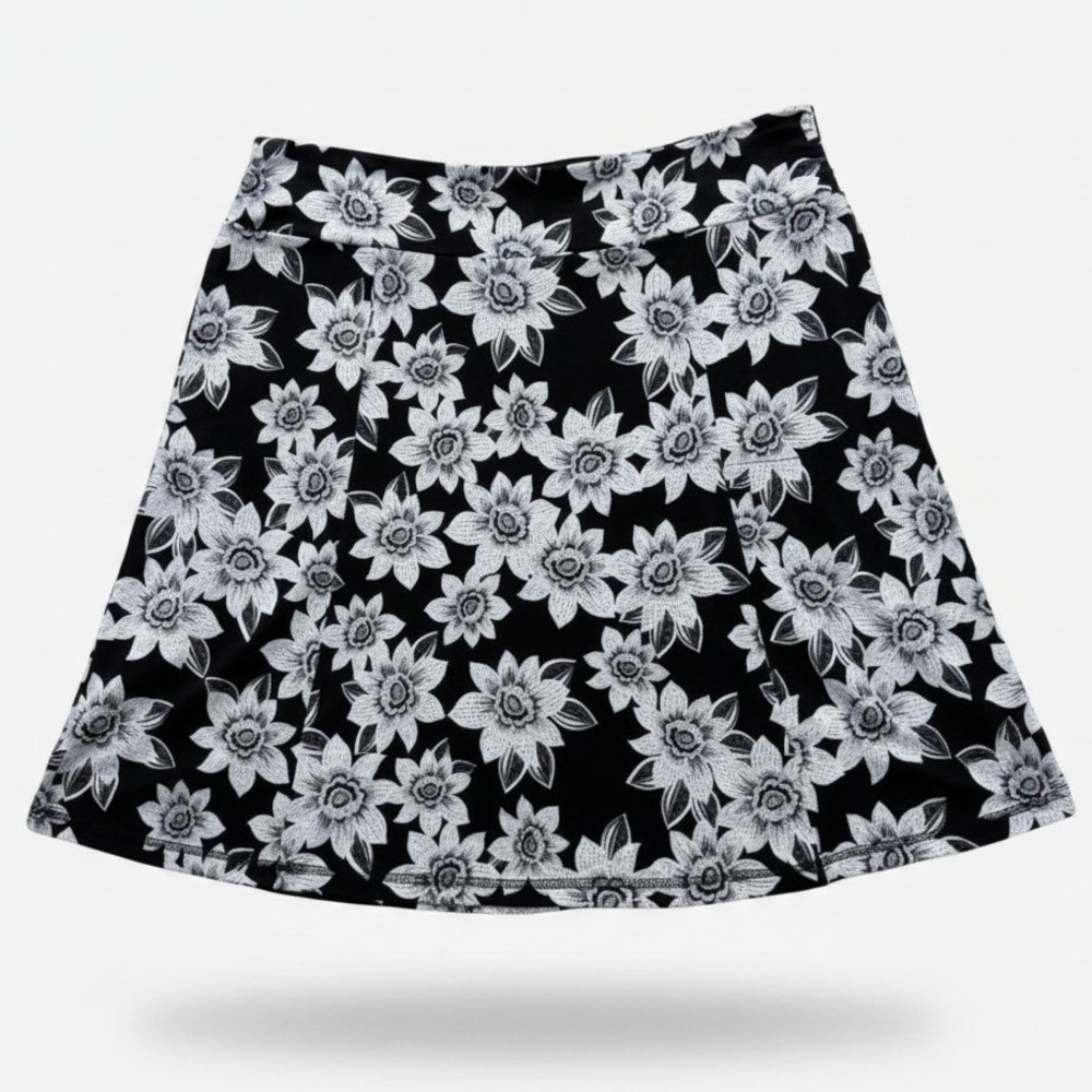 T byโ Talbots Skirt Womens 1X Black Floral Print A-Line Knit Pull-On Casual
